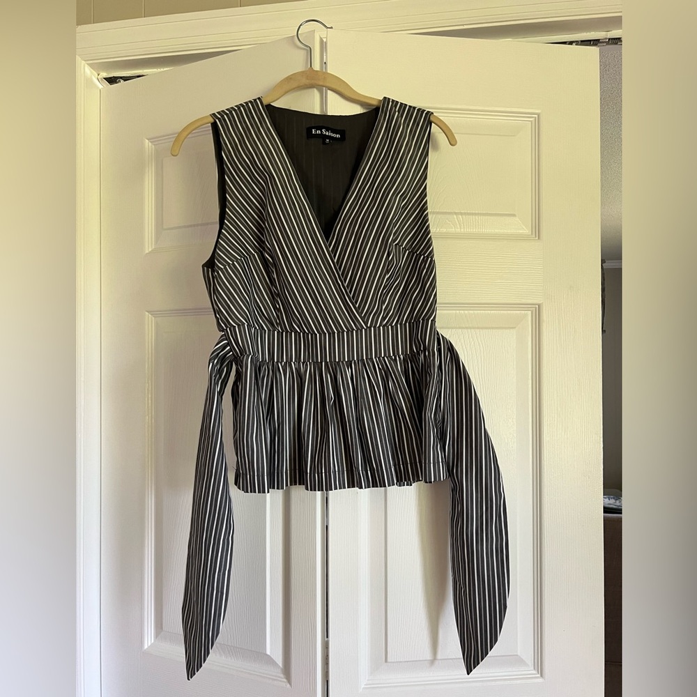 En Saison Black and White Striped Wrap Blouse